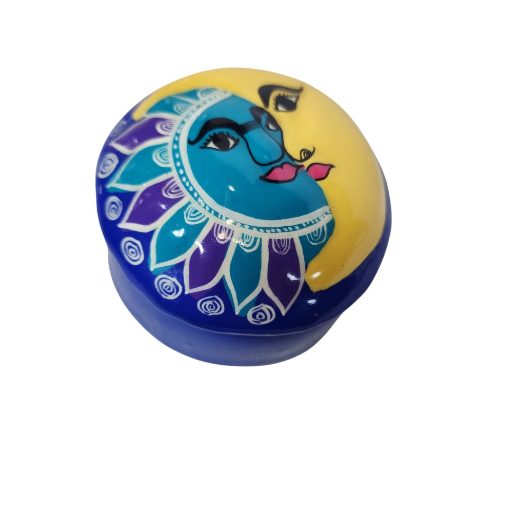 Vintage Celestial Sun Moon Ceramic Trinket Box Hand Painted Blue Yellow Round